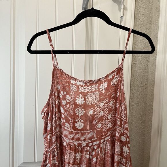 Ces Femme Red Rust White Floral Paisley Boho Strappy Tiered Dress Womens Size S - Picture 9 of 11
